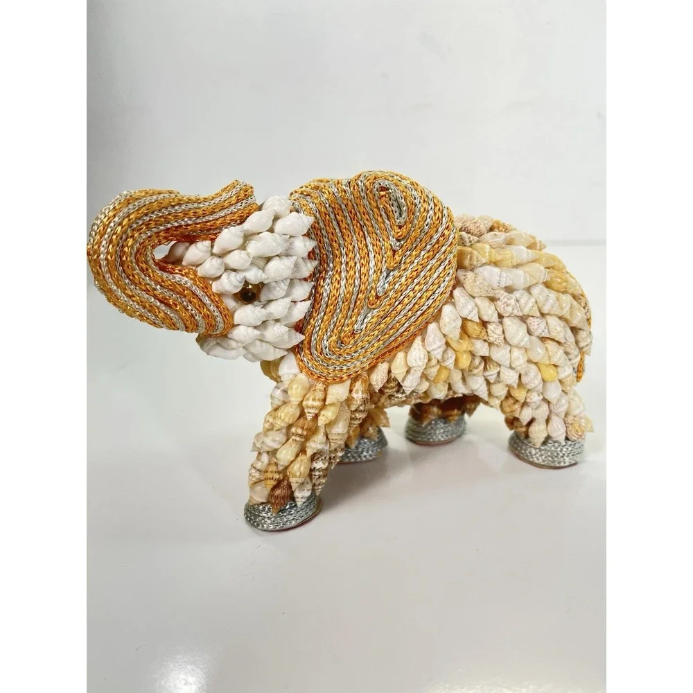 Mid-Century Boho Coastal Chic Seashell & Yarn‎ Handmade Elephant Figurine Luck